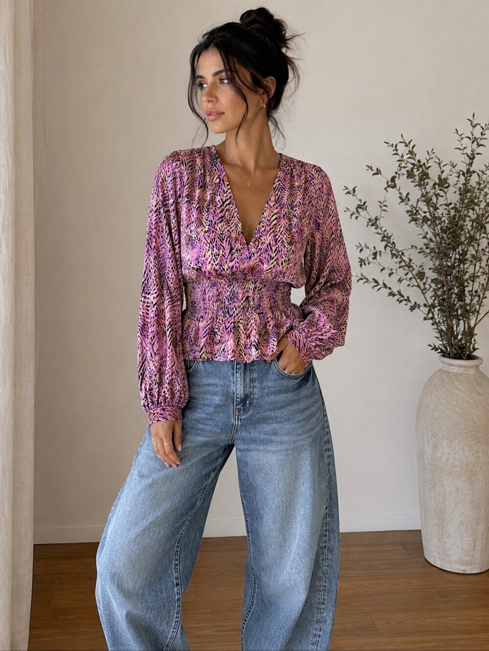 Zara Animal Print Smocked Blouse Long Sleeve NWT S Pink